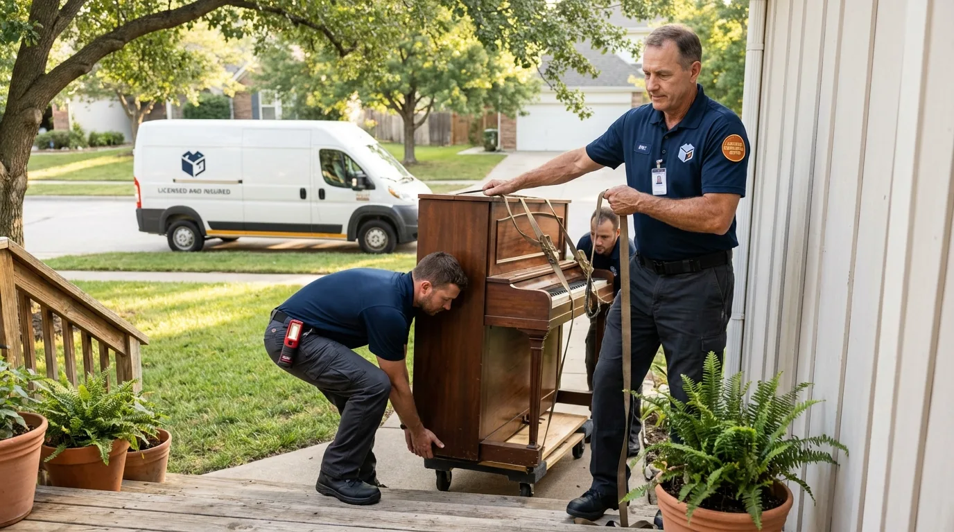 Licensed piano movers securing grand piano in Ashland, AL