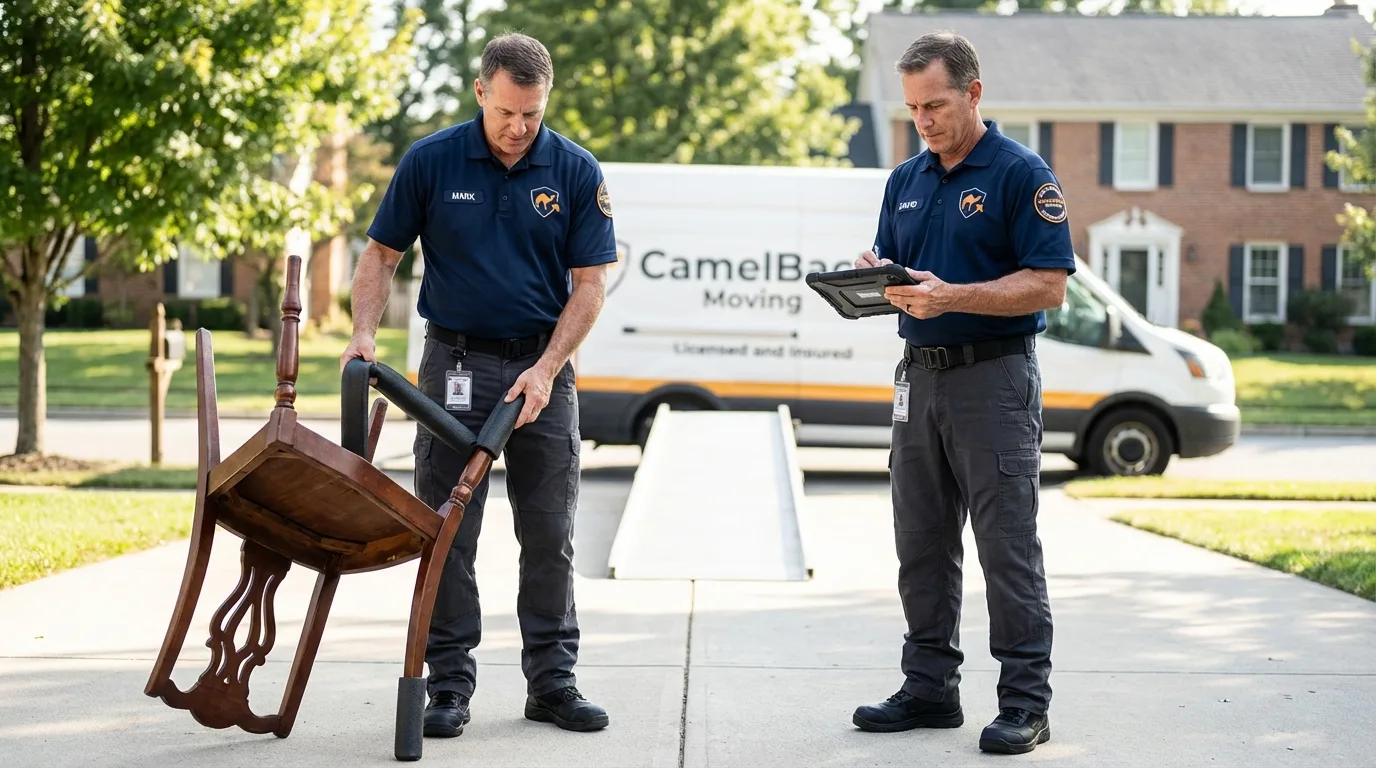 Movers inspecting furniture for damage prevention before loading in Ashland, AL