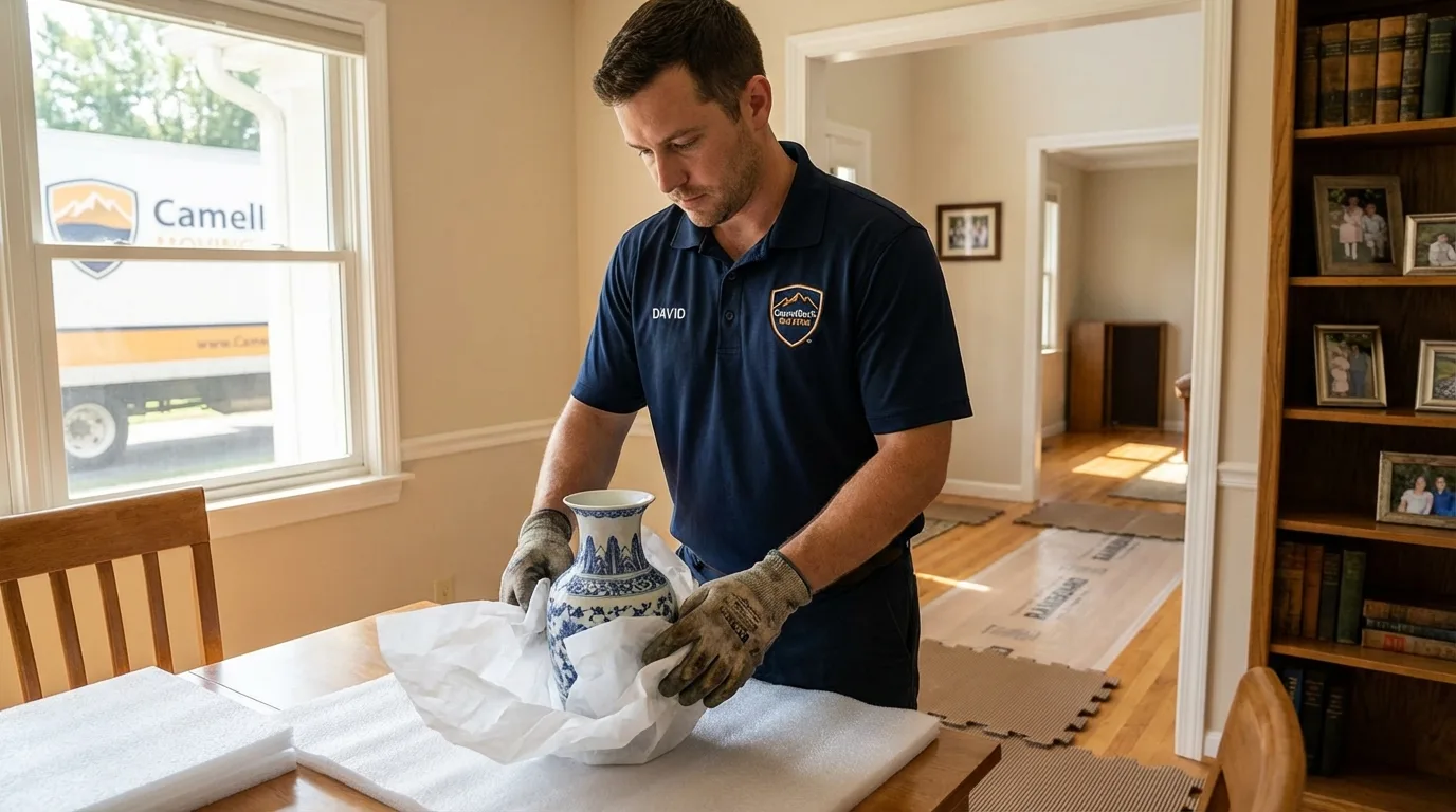 Professional crew carefully wrapping antique vase for senior downsizing move in Ashland, AL